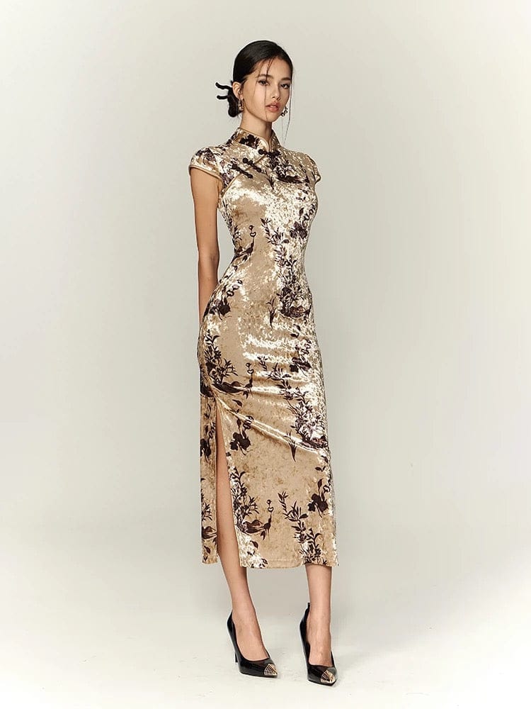 Beth and Brian Qipao-TQX Velvet floral long Cheongsam with raglan sleeves