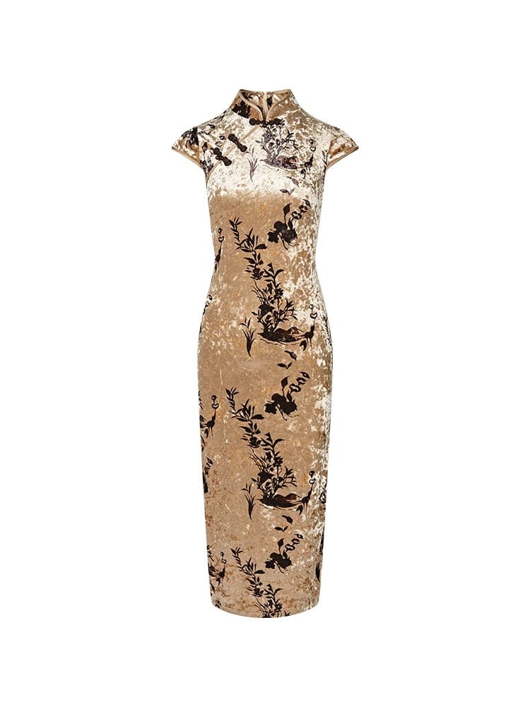 Beth and Brian Qipao-TQX Velvet floral long Cheongsam with raglan sleeves