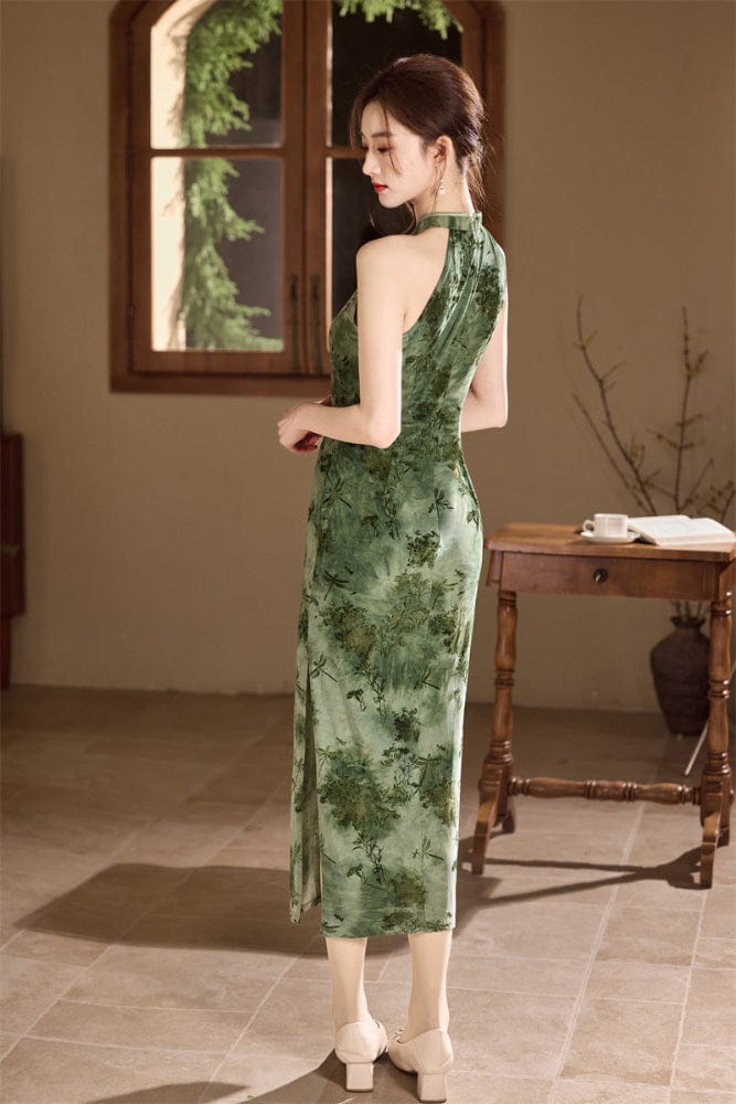 Beth and Brian Qipao-SYK Flocking fabric, floral midi Cheongsam