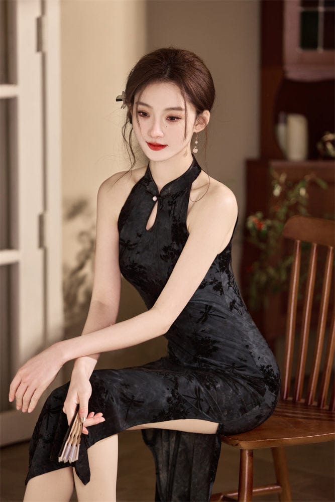 Beth and Brian Qipao-SYK Flocking fabric, floral midi Cheongsam