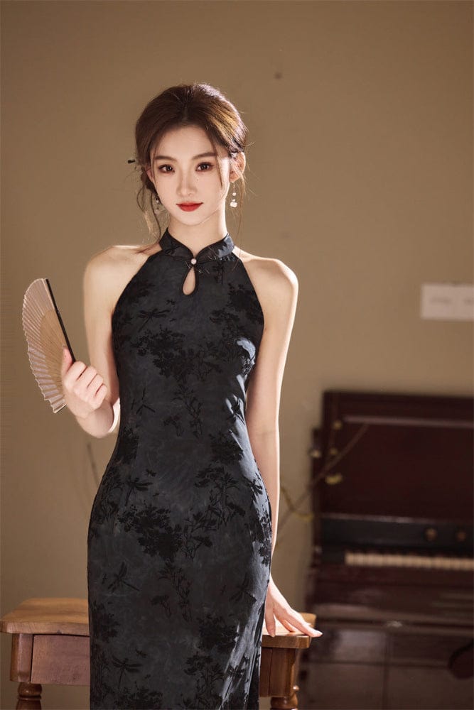 Beth and Brian Qipao-SYK Flocking fabric, floral midi Cheongsam