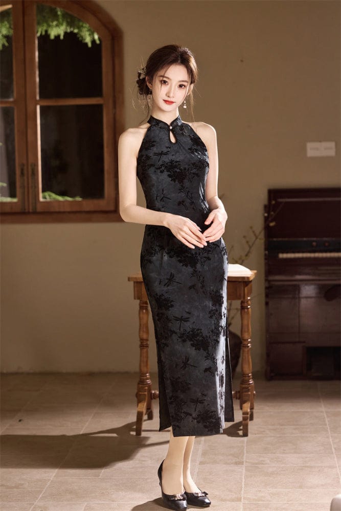 Beth and Brian Qipao-SYK Flocking fabric, floral midi Cheongsam