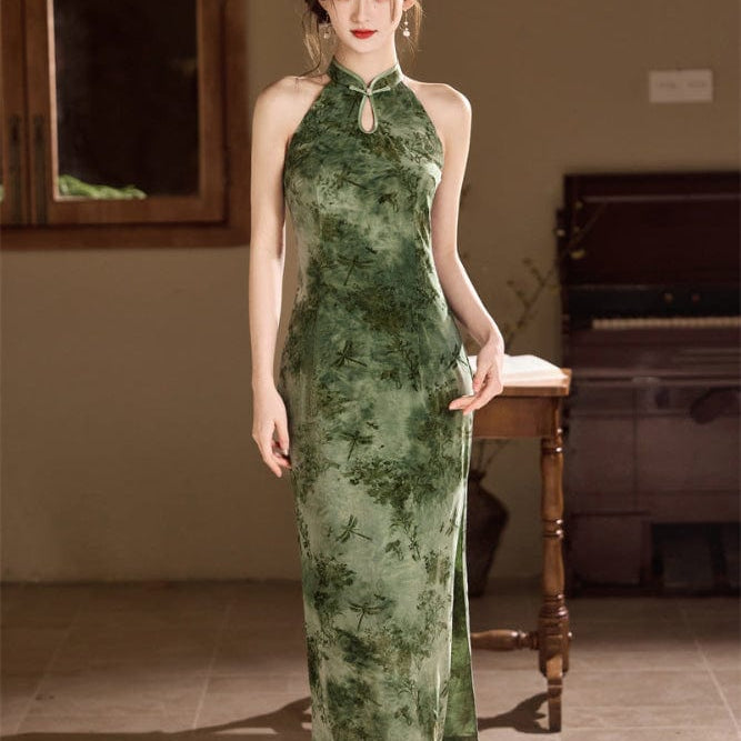 Beth and Brian Qipao-SYK Flocking fabric, floral midi Cheongsam