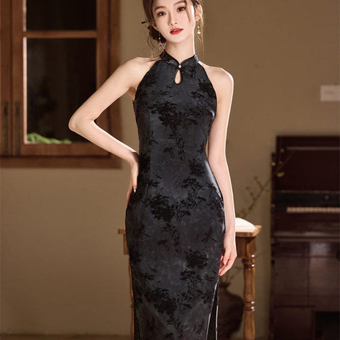 Beth and Brian Qipao-SYK Flocking fabric, floral midi Cheongsam