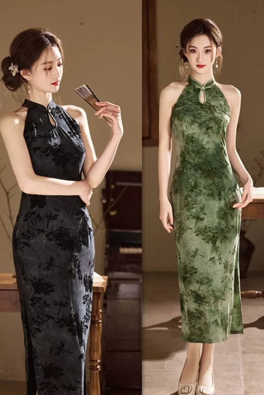 Beth and Brian Qipao-SYK Flocking fabric, floral midi Cheongsam