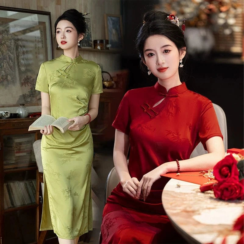 Beth and Brian Qipao-QMYS Floral pattern, acetate jacquard fabric, midi Cheongsam