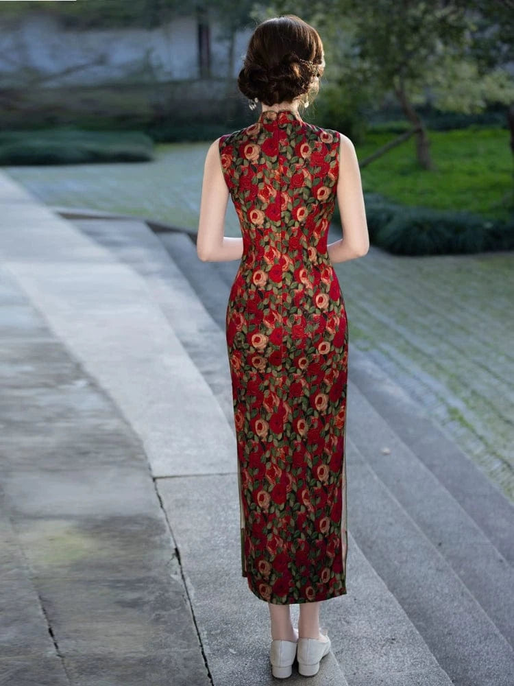 Beth and Brian Qipao-MYJ Sleeveless, New Chinese style(新中式), red long Cheongsam