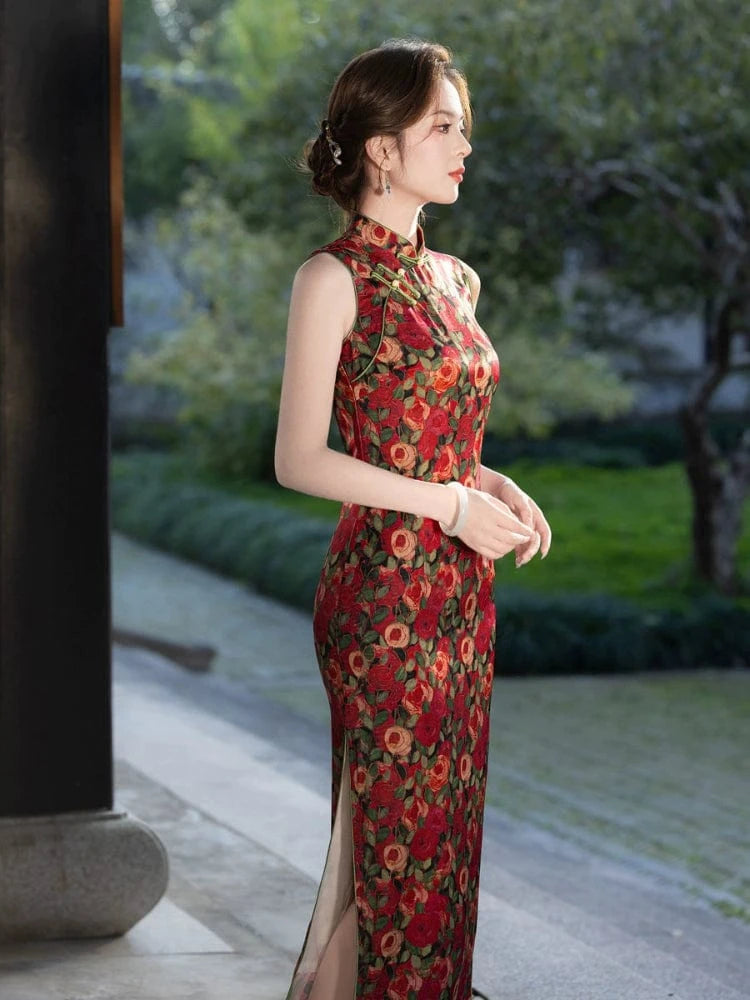 Beth and Brian Qipao-MYJ Sleeveless, New Chinese style(新中式), red long Cheongsam