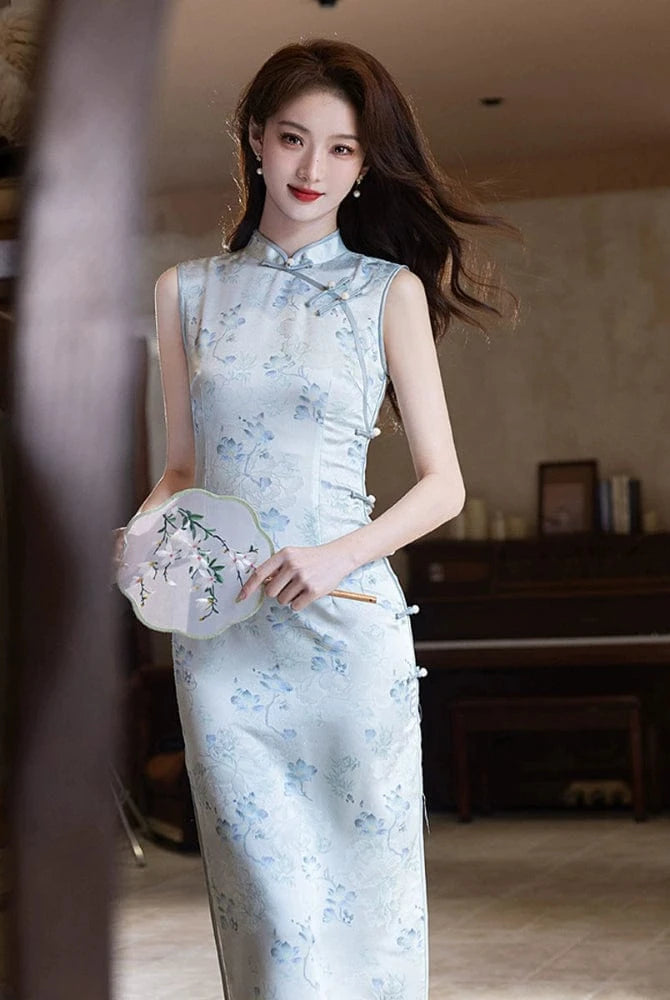 Beth and Brian Qipao-MYJ Sleeveless, floral pattern midi Cheongsam
