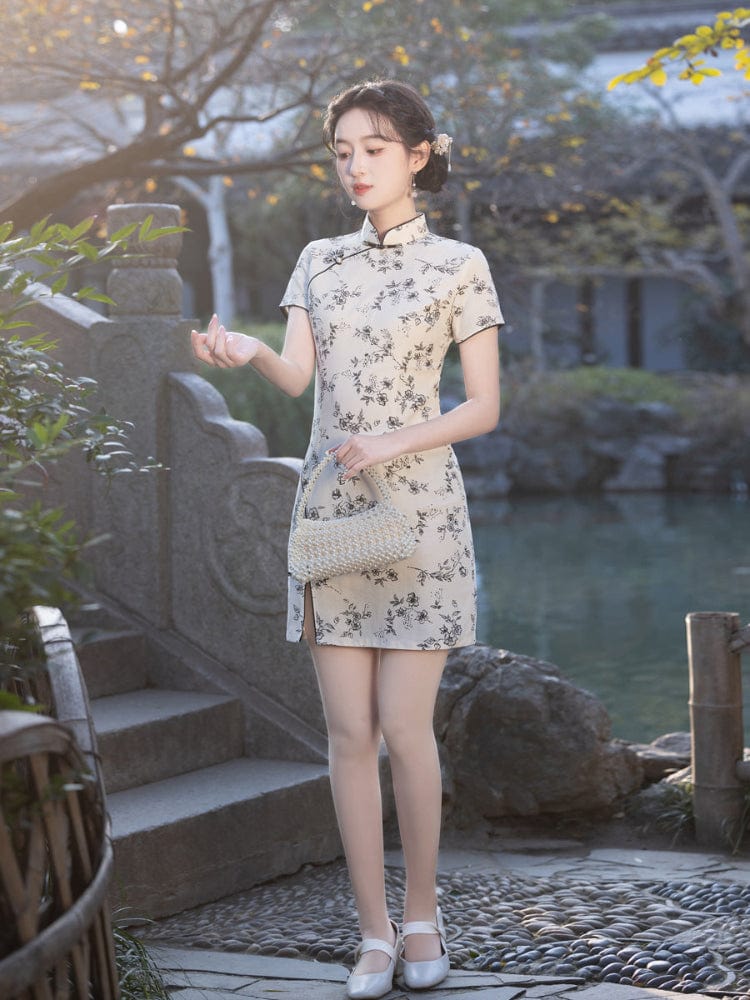 Beth and Brian Qipao-MYJ Floral print, black&white short Cheongsam