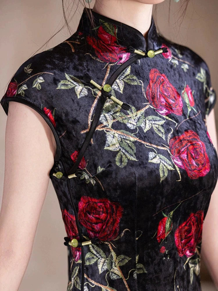 Beth and Brian Qipao-YG Velvet fabric, rose pattern midi Cheongsam