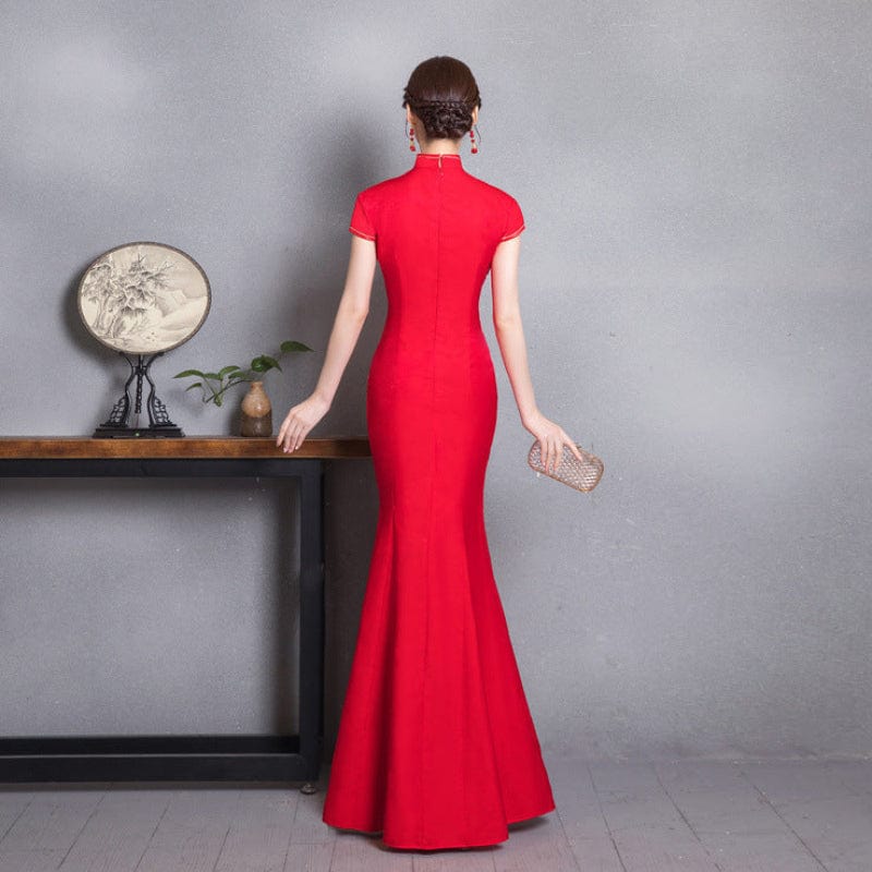 Beth and Brian Qipao-CJH Peacock embroidery, red wedding mermaid Cheongsam