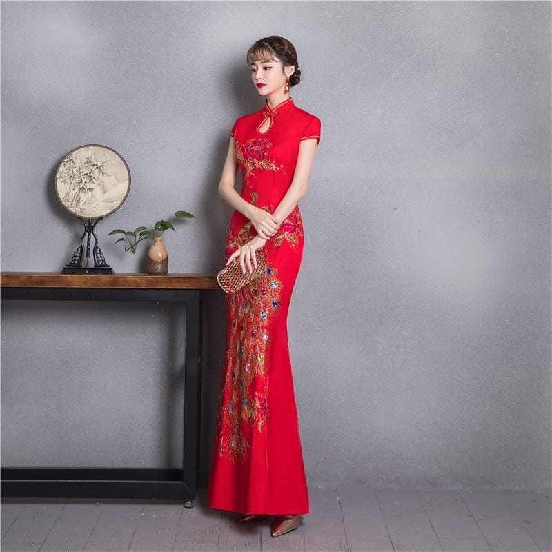 Beth and Brian Qipao-CJH Peacock embroidery, red wedding mermaid Cheongsam