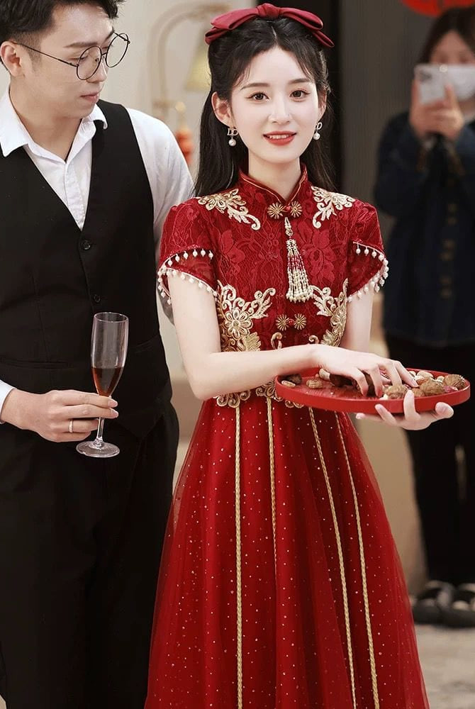 Beth and Brian Qipao-YS Floral embroidery, A line, burgundy long Cheongsam