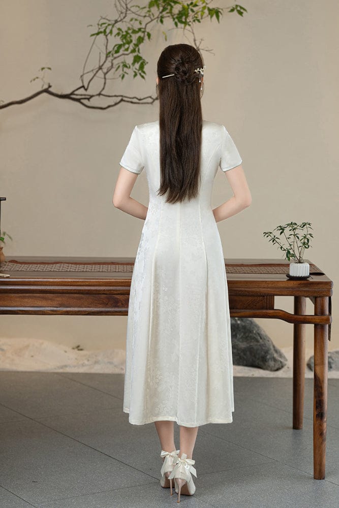 Beth and Brian Qipao-GSJ Floral pattern, purple&white midi Cheongsam