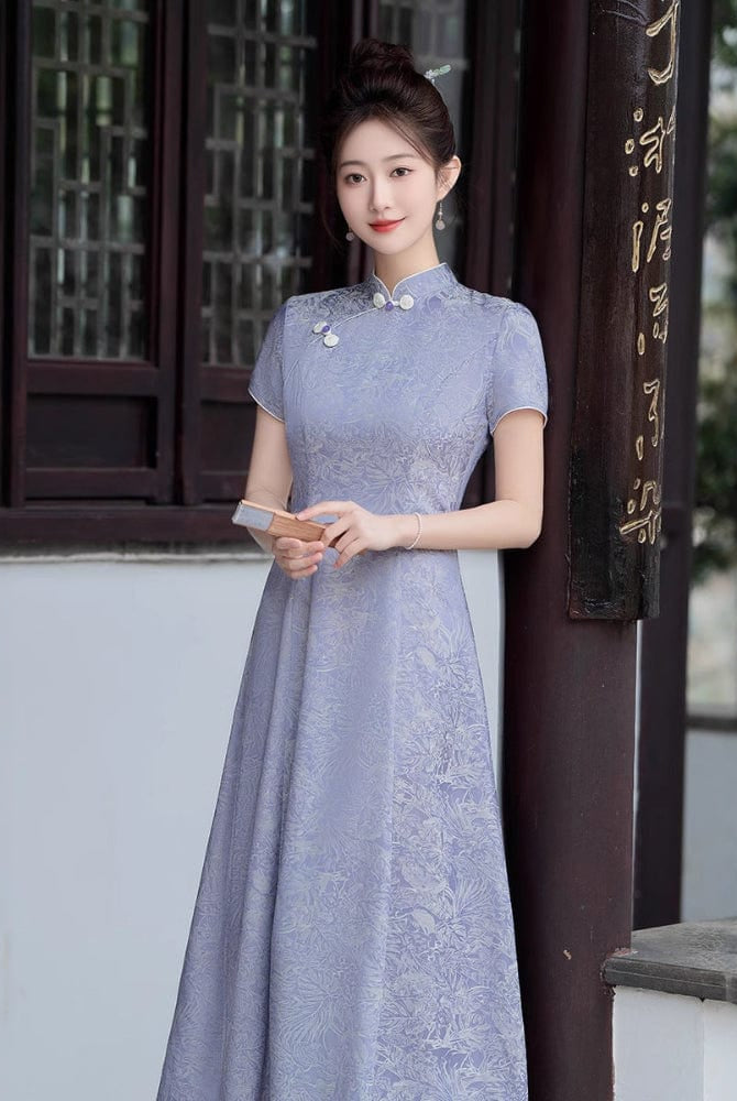 Beth and Brian Qipao-GSJ Floral pattern, purple&white midi Cheongsam