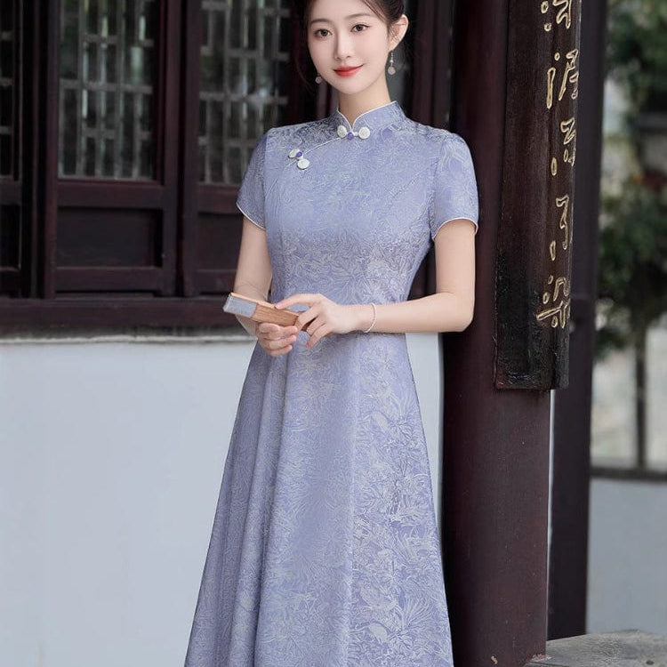 Beth and Brian Qipao-GSJ Floral pattern, purple&white midi Cheongsam