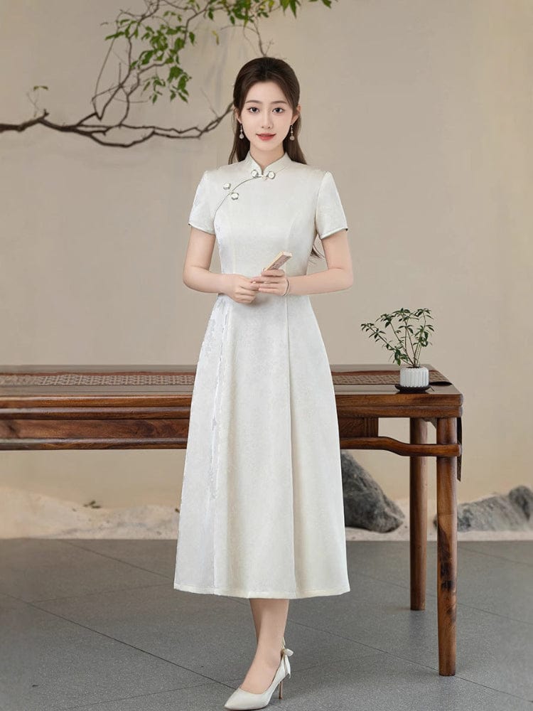 Beth and Brian Qipao-GSJ Floral pattern, purple&white midi Cheongsam