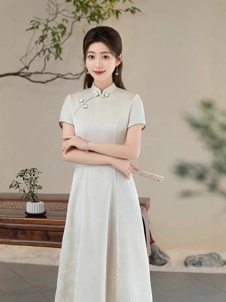 Beth and Brian Qipao-GSJ Floral pattern, purple&white midi Cheongsam