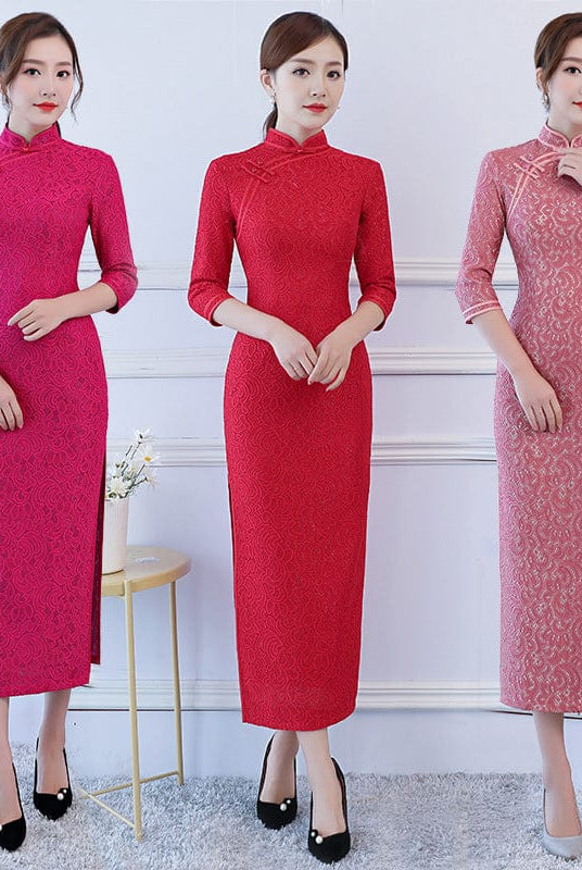 Beth and Brian Qipao-FRY Spring and Fall collection, lace fabric long Qipao