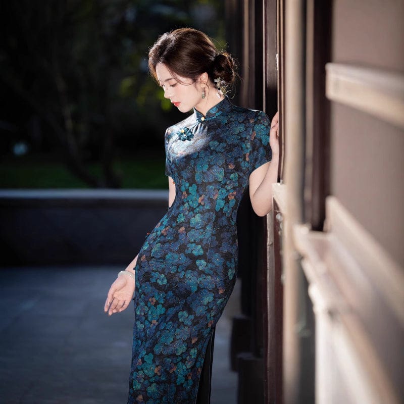 Beth and Brian Qipao-FRY Floral pattern, navy blue midi Cheongsam