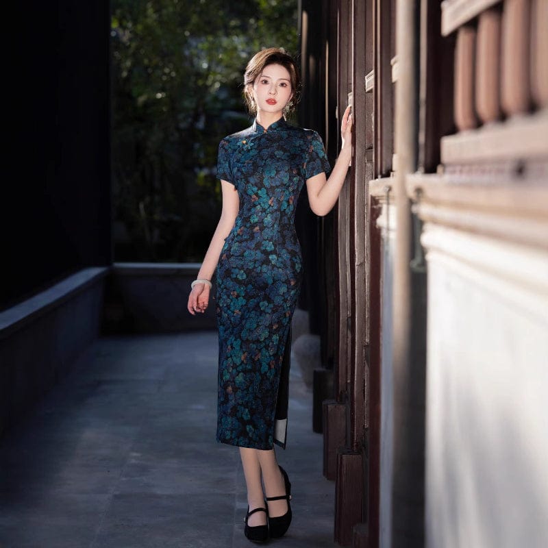 Beth and Brian Qipao-FRY Floral pattern, navy blue midi Cheongsam