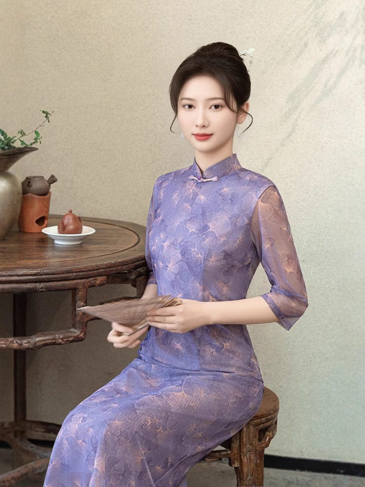 Beth and Brian Qipao-GSJ Floral pattern, purple midi Cheongsam with three quarter sleeves