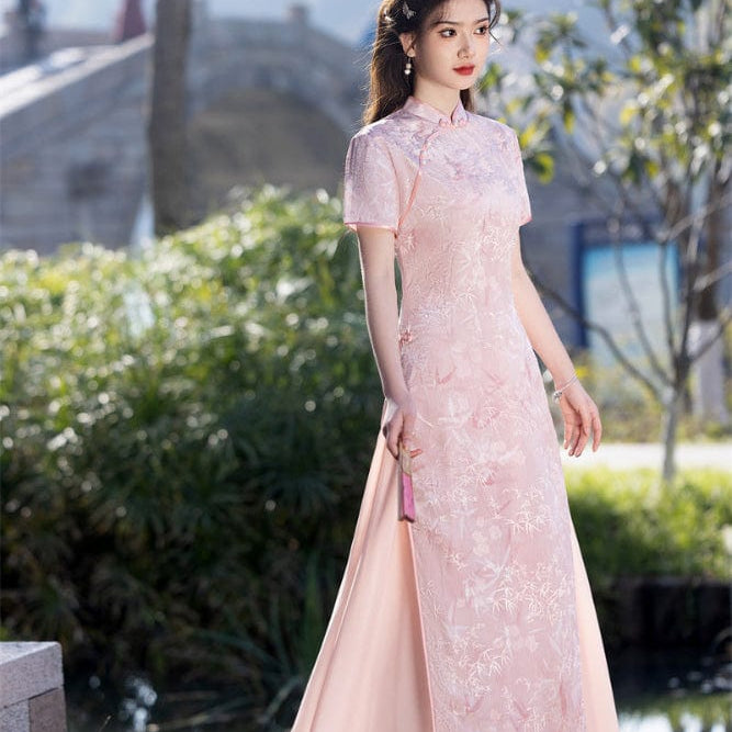 Beth and Brian Qipao-SYK Tencel linen fabric, light blue&pink long Ao dai
