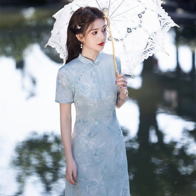Beth and Brian Qipao-SYK Tencel linen fabric, light blue&pink long Ao dai