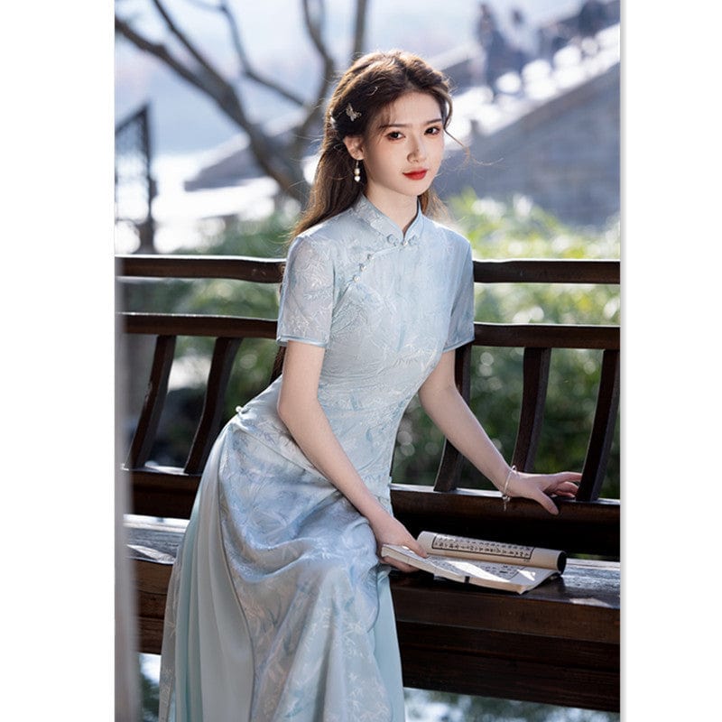Beth and Brian Qipao-SYK Tencel linen fabric, light blue&pink long Ao dai