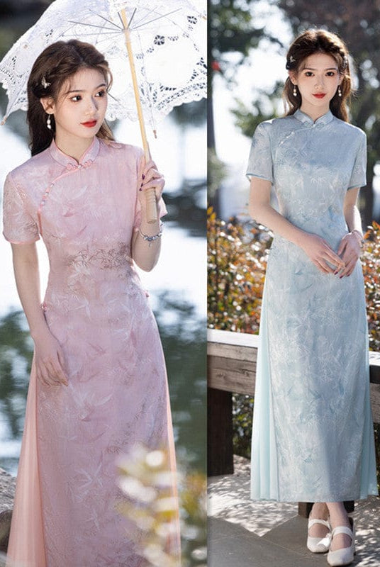 Beth and Brian Qipao-SYK Tencel linen fabric, light blue&pink long Ao dai