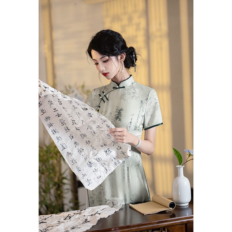 Beth and Brian Qipao-HY Bamboo pattern, green midi Ao dai