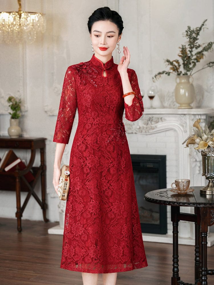 Beth and Brian Qipao-MH Floral pattern, lace mid-length A-line Qipao