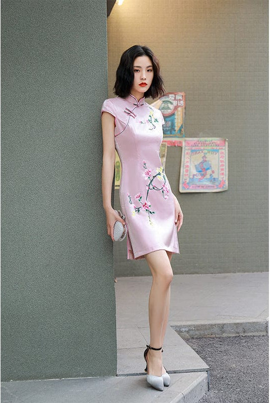 Beth and Brian Qipao-MLS Floral pattern, pink short Cheongsam with cap sleeves