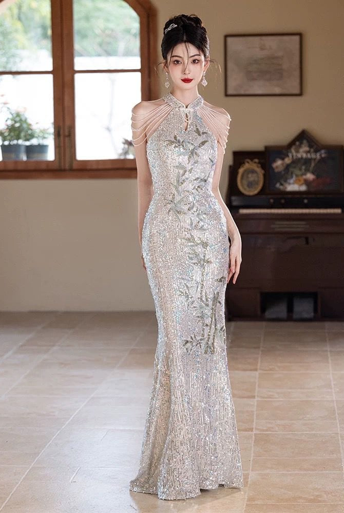 Beth and Brian Qipao-MXY Sequins fabric, wedding champagne long Cheongsam