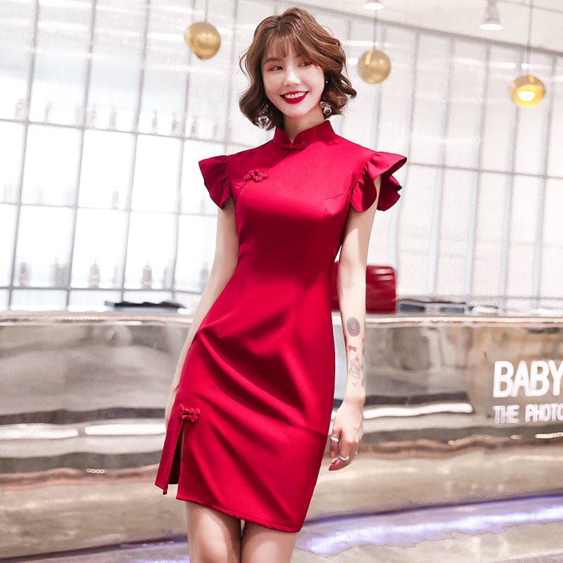 Beth and Brian Qipao-SDX Plain pattern, satin fabric, red&black short Cheongsam