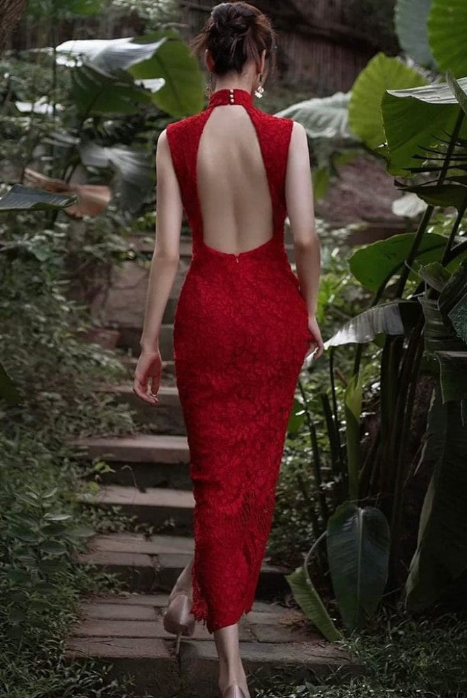 Beth and Brian Qipao-LA Backless, Floral pattern, Chinese tradional lace wedding Cheongsam