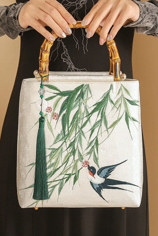 Beth and Brian Qipao-CY Hand-made, Sparrow and willow leaf embroidery, Chinese style Qipao bag