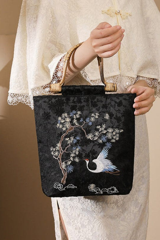 Beth and Brian Qipao-CY Hand-made, Crane embroidered Wooden Handle Chinese Style Tote Bag, Chinese style Qipao bag
