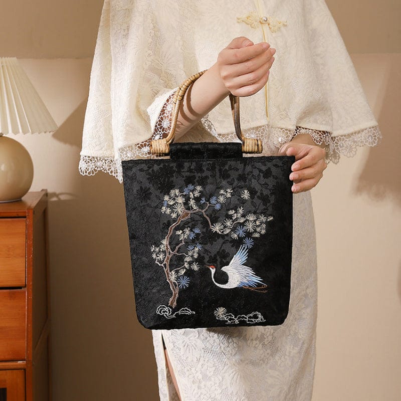 Beth and Brian Qipao-CY Hand-made, Crane embroidered Wooden Handle Chinese Style Tote Bag, Chinese style Qipao bag