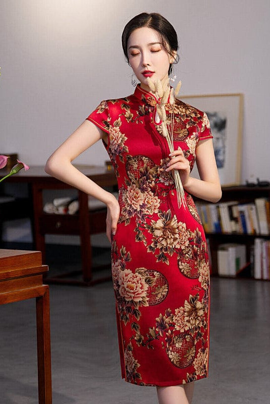 Beth and Brian Qipao-KY Silk satin, floral pattern midi Cheongsam for mothers