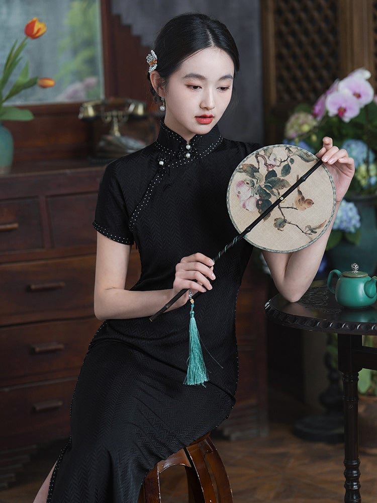 Beth and Brian Qipao-LSB Jacquard silk long Cheongsam with short sleeves