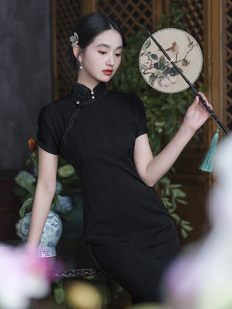 Beth and Brian Qipao-LSB Jacquard silk long Cheongsam with short sleeves