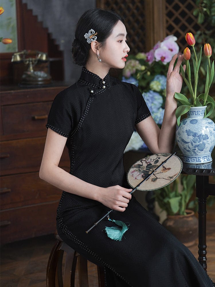 Beth and Brian Qipao-LSB Jacquard silk long Cheongsam with short sleeves