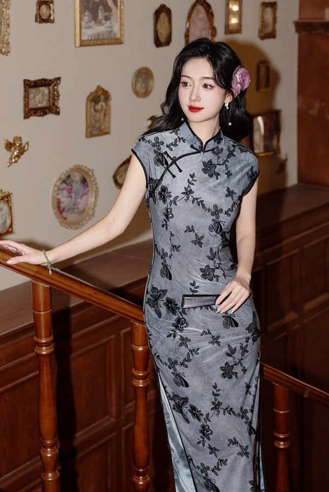 Beth and Brian Qipao-YG Flocking fabric, floral and butterfly pattern, grey midi Cheongsam