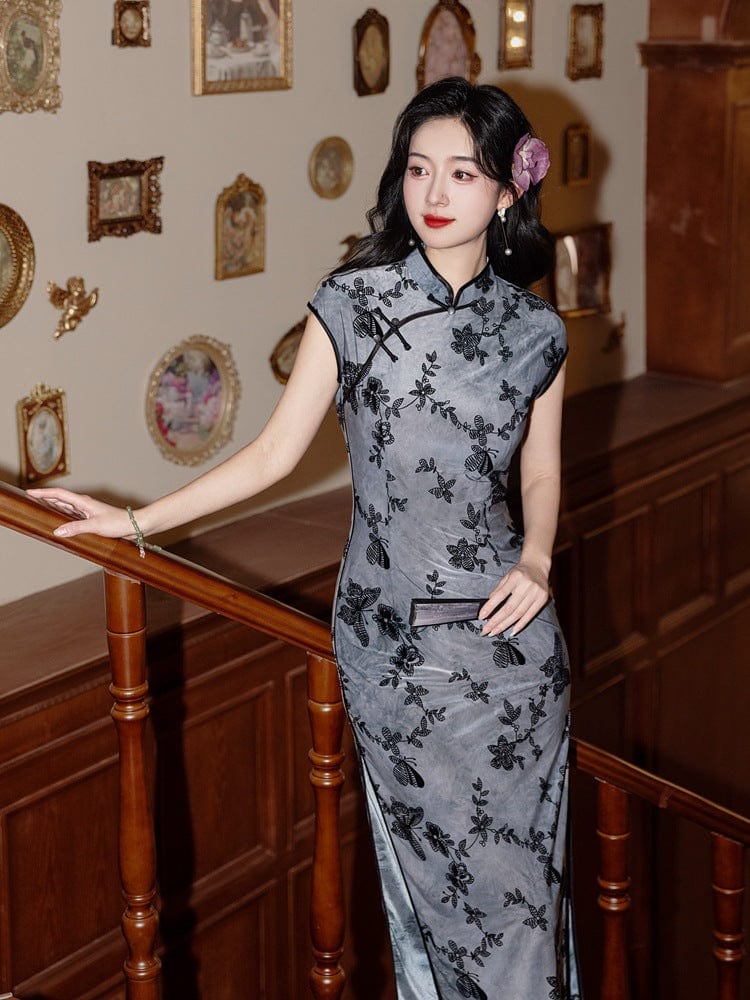 Beth and Brian Qipao-YG Flocking fabric, floral and butterfly pattern, grey midi Cheongsam
