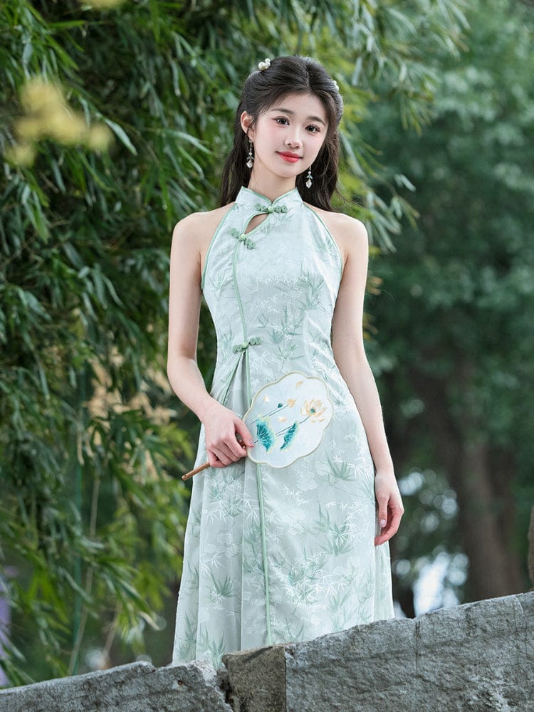 Beth and Brian Qipao-LSB New Chinese style (新中式), bamboo leaf pattern, green midi Cheongsam