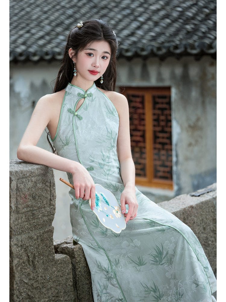 Beth and Brian Qipao-LSB New Chinese style (新中式), bamboo leaf pattern, green midi Cheongsam