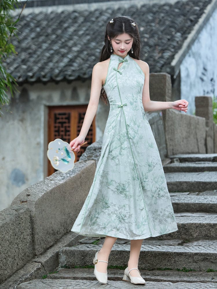 Beth and Brian Qipao-LSB New Chinese style (新中式), bamboo leaf pattern, green midi Cheongsam