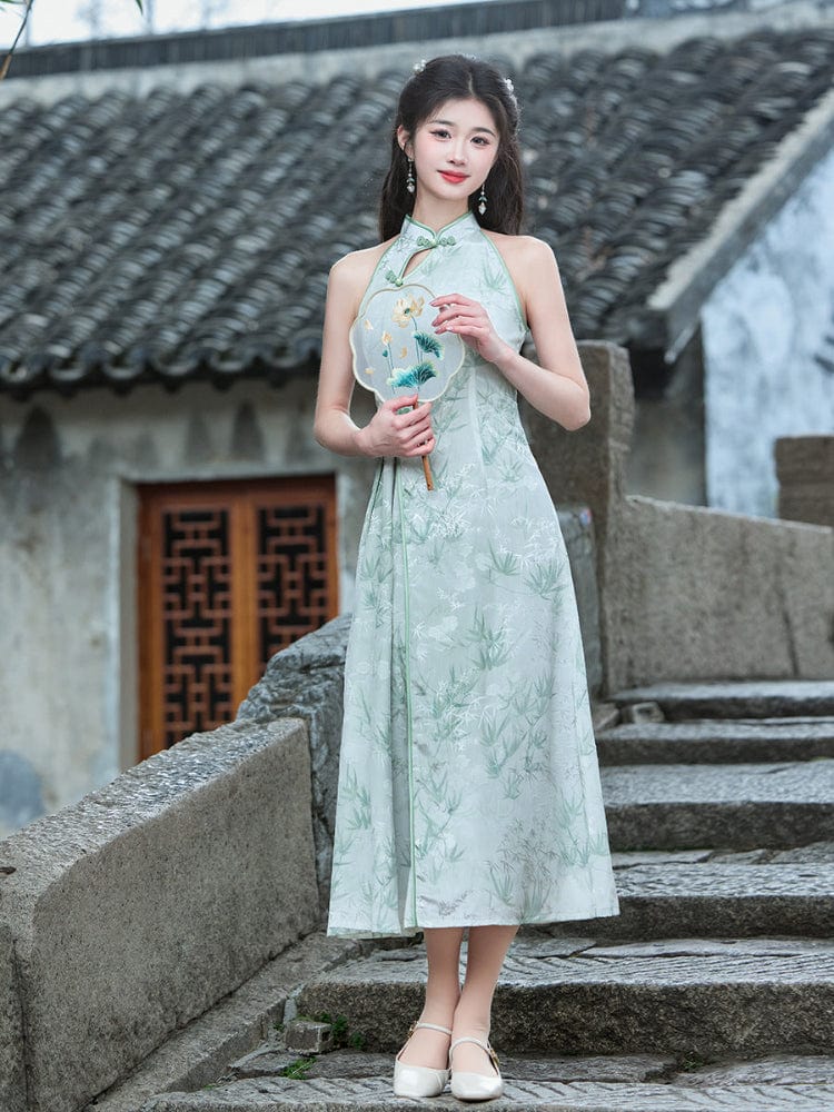 Beth and Brian Qipao-LSB New Chinese style (新中式), bamboo leaf pattern, green midi Cheongsam